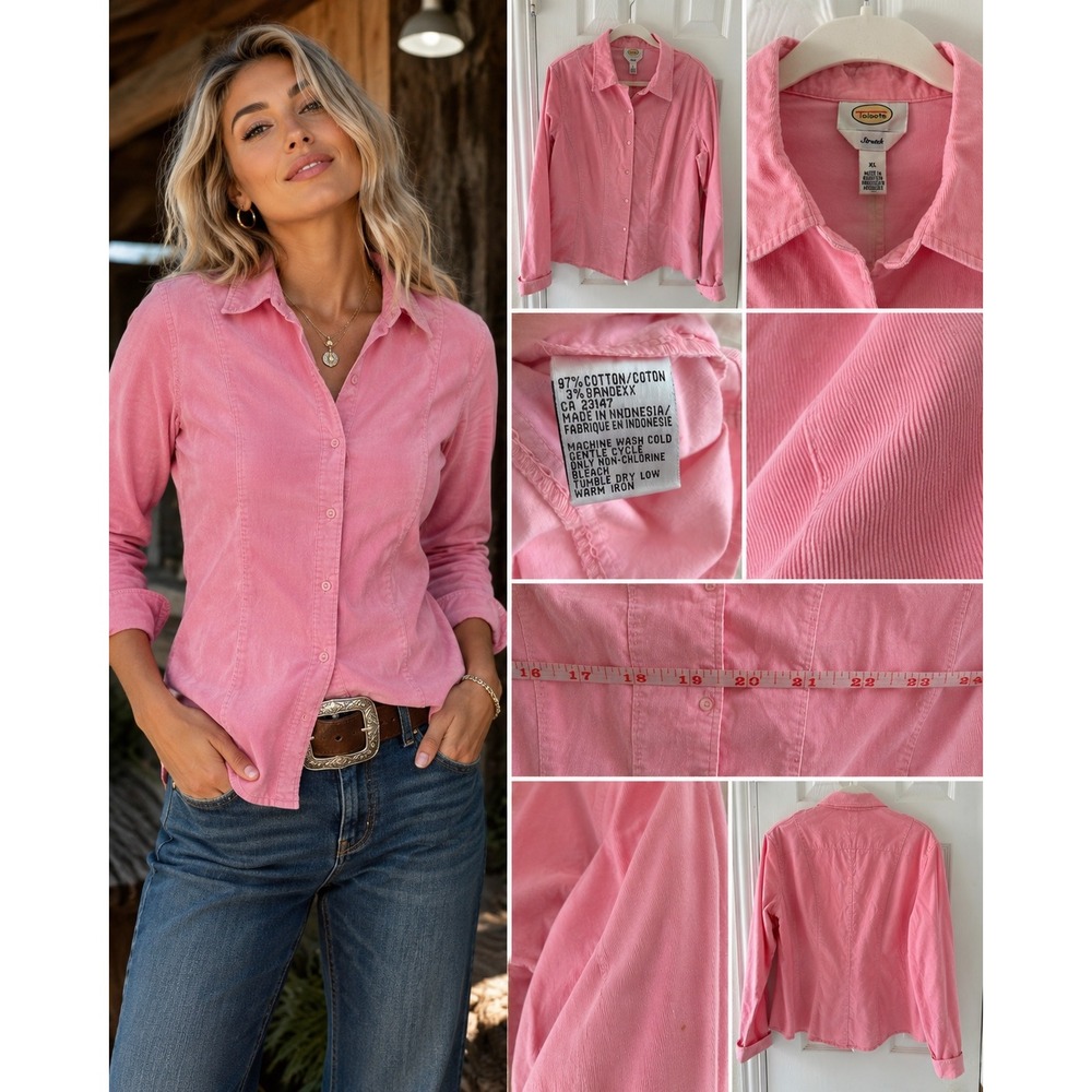 Vintage Talbots Pink Corduroy Button‎ Front Shirt Fitted Stretch Barbiecore Y2K